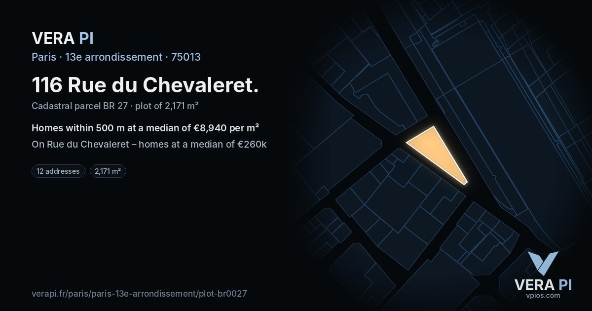 116 Rue du Chevaleret, 13e arrondissement at night – the plot lit, the parcels around coloured by the prices near them