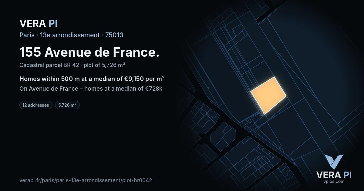 155 Avenue de France, 13e arrondissement at night – the plot lit, the parcels around coloured by the prices near them