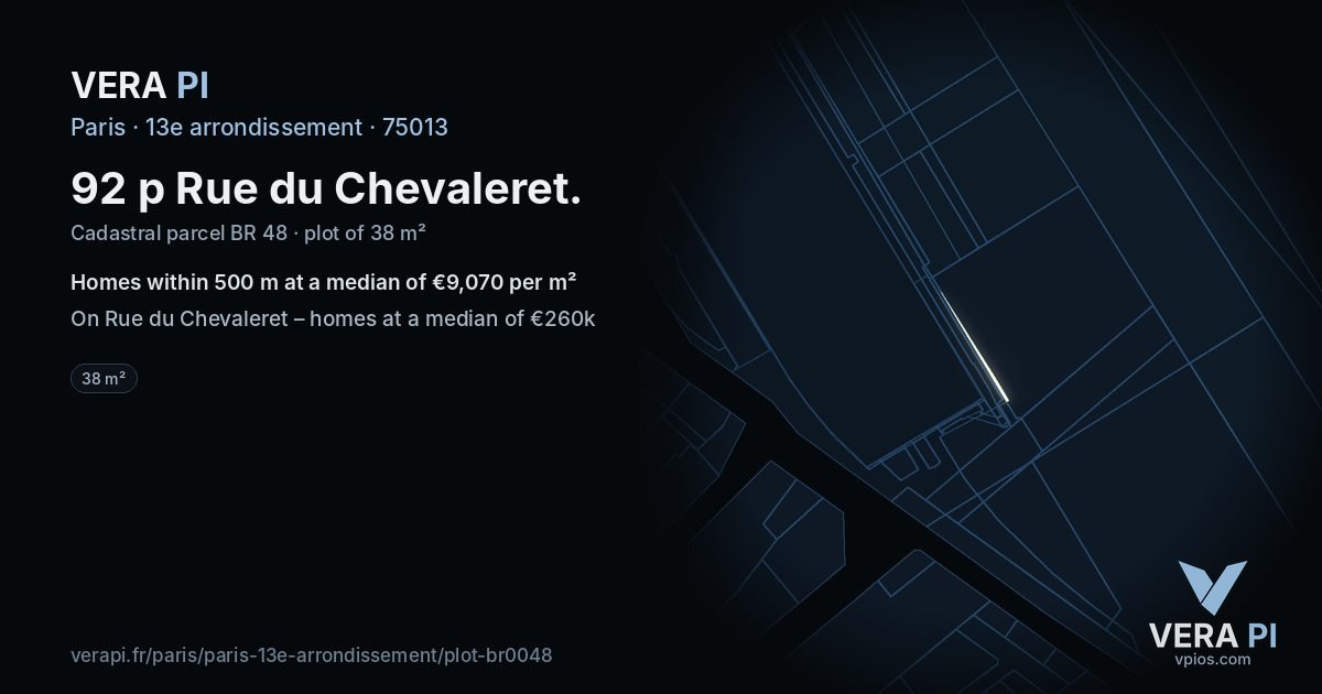 92 p Rue du Chevaleret, 13e arrondissement at night – the plot lit, the parcels around coloured by the prices near them