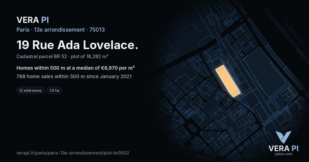 19 Rue Ada Lovelace, 13e arrondissement at night – the plot lit, the parcels around coloured by the prices near them