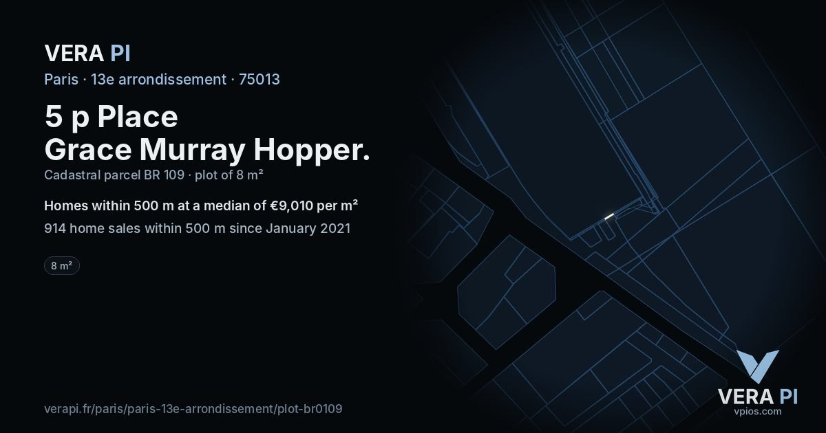 5 p Place Grace Murray Hopper, 13e arrondissement at night – the plot lit, the parcels around coloured by the prices near them