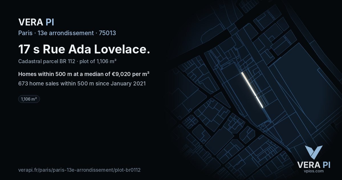 17 s Rue Ada Lovelace, 13e arrondissement at night – the plot lit, the parcels around coloured by the prices near them