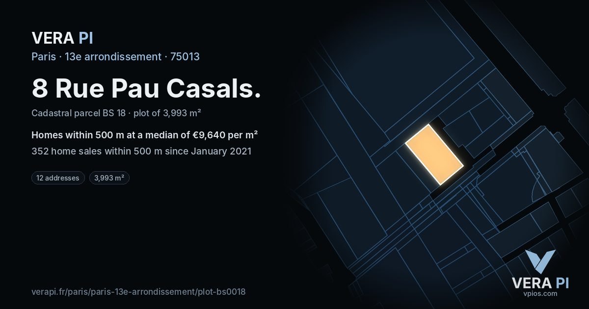 8 Rue Pau Casals, 13e arrondissement at night – the plot lit, the parcels around coloured by the prices near them