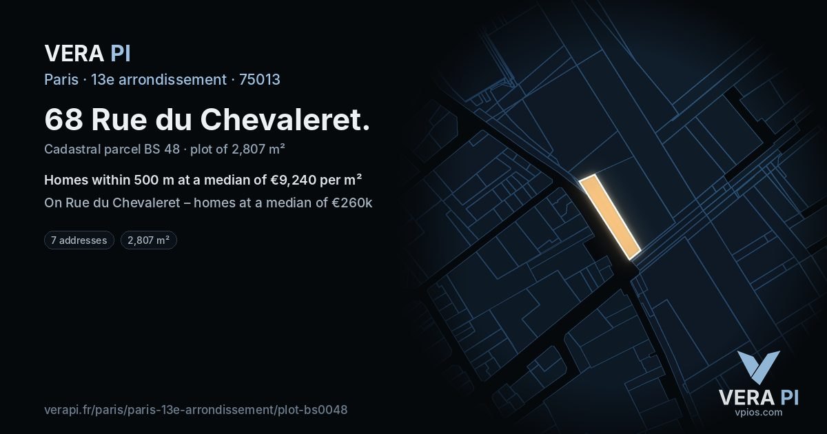 68 Rue du Chevaleret, 13e arrondissement at night – the plot lit, the parcels around coloured by the prices near them