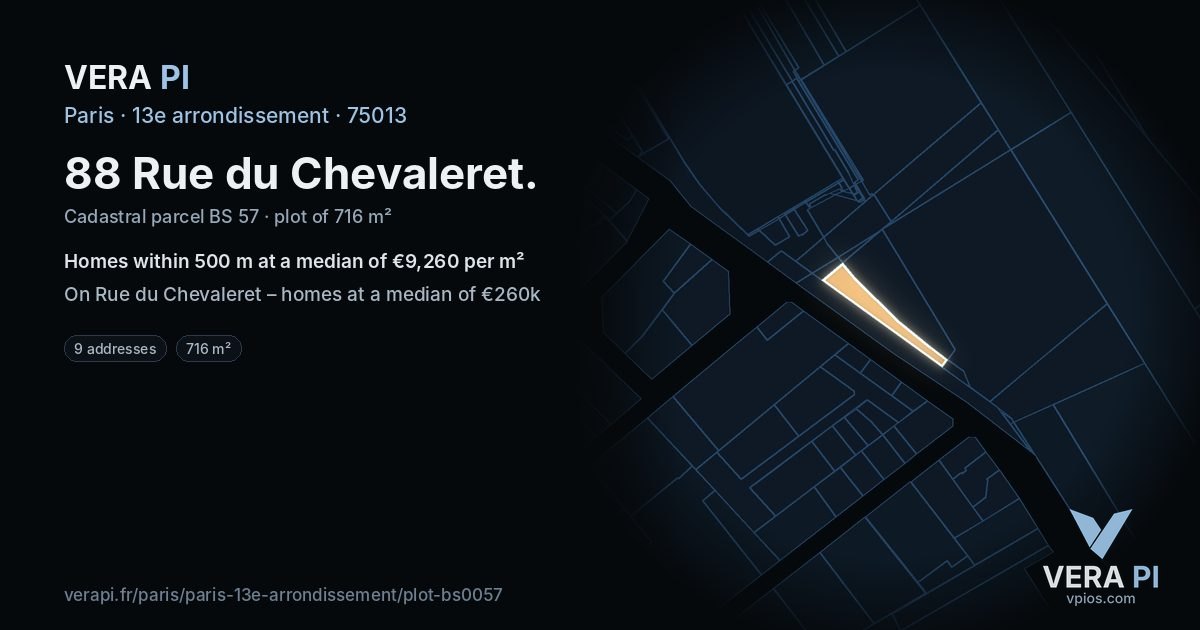 88 Rue du Chevaleret, 13e arrondissement at night – the plot lit, the parcels around coloured by the prices near them