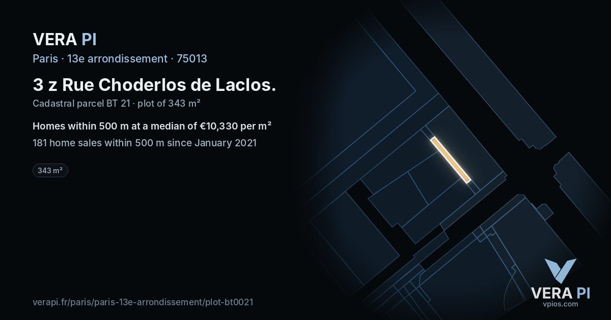 3 z Rue Choderlos de Laclos, 13e arrondissement at night – the plot lit, the parcels around coloured by the prices near them