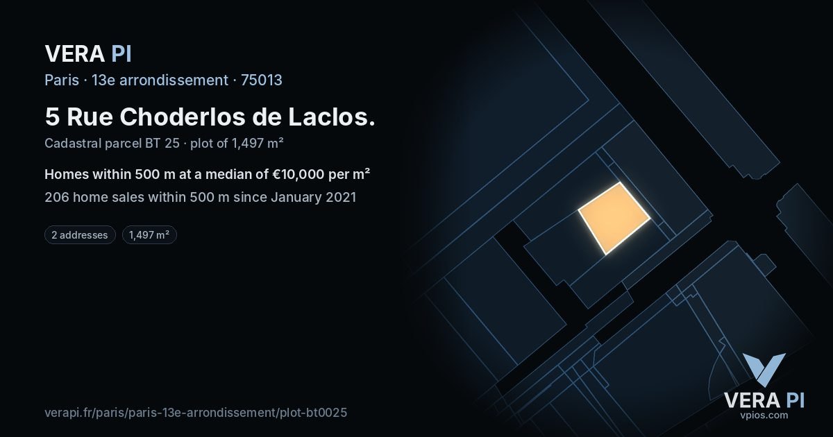 5 Rue Choderlos de Laclos, 13e arrondissement at night – the plot lit, the parcels around coloured by the prices near them