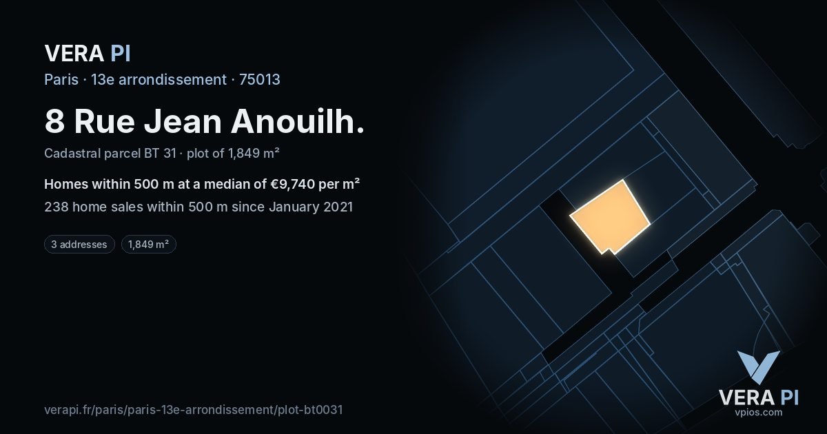 8 Rue Jean Anouilh, 13e arrondissement at night – the plot lit, the parcels around coloured by the prices near them