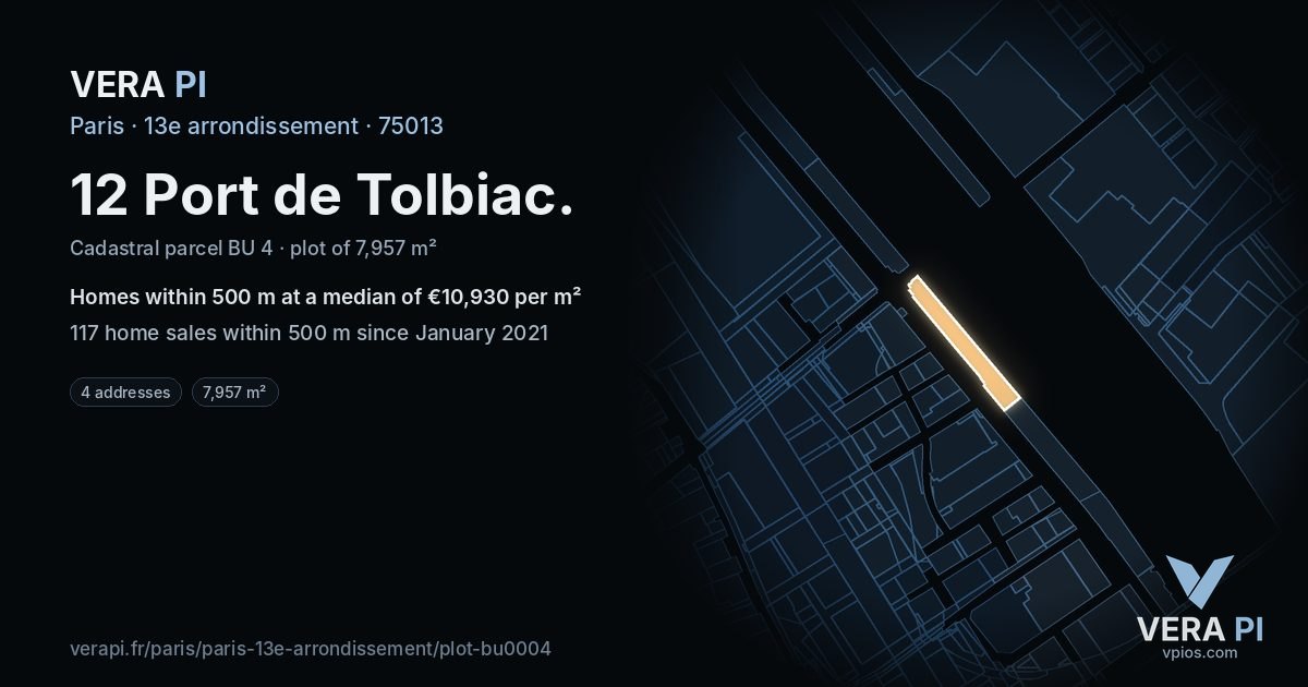 12 Port de Tolbiac, 13e arrondissement at night – the plot lit, the parcels around coloured by the prices near them