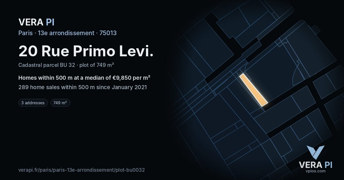 20 Rue Primo Levi, 13e arrondissement at night – the plot lit, the parcels around coloured by the prices near them