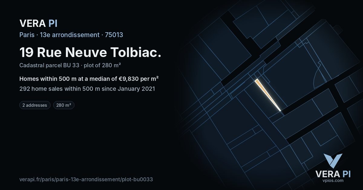 19 Rue Neuve Tolbiac, 13e arrondissement at night – the plot lit, the parcels around coloured by the prices near them