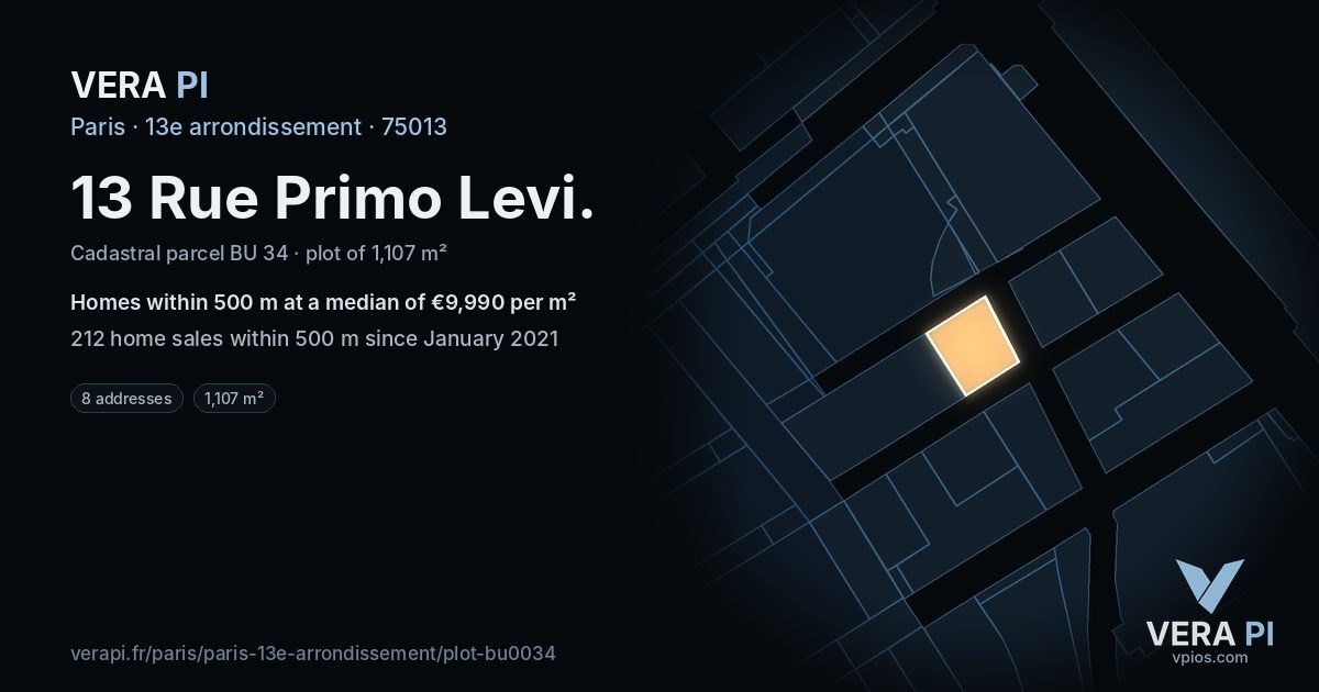 13 Rue Primo Levi, 13e arrondissement at night – the plot lit, the parcels around coloured by the prices near them
