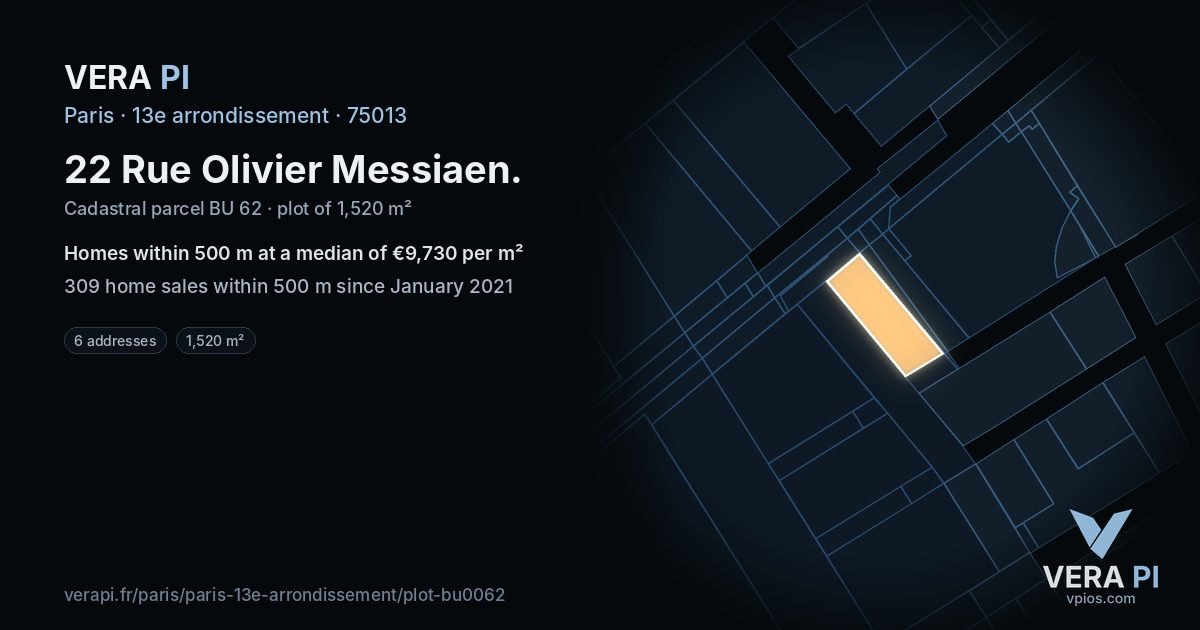 22 Rue Olivier Messiaen, 13e arrondissement at night – the plot lit, the parcels around coloured by the prices near them