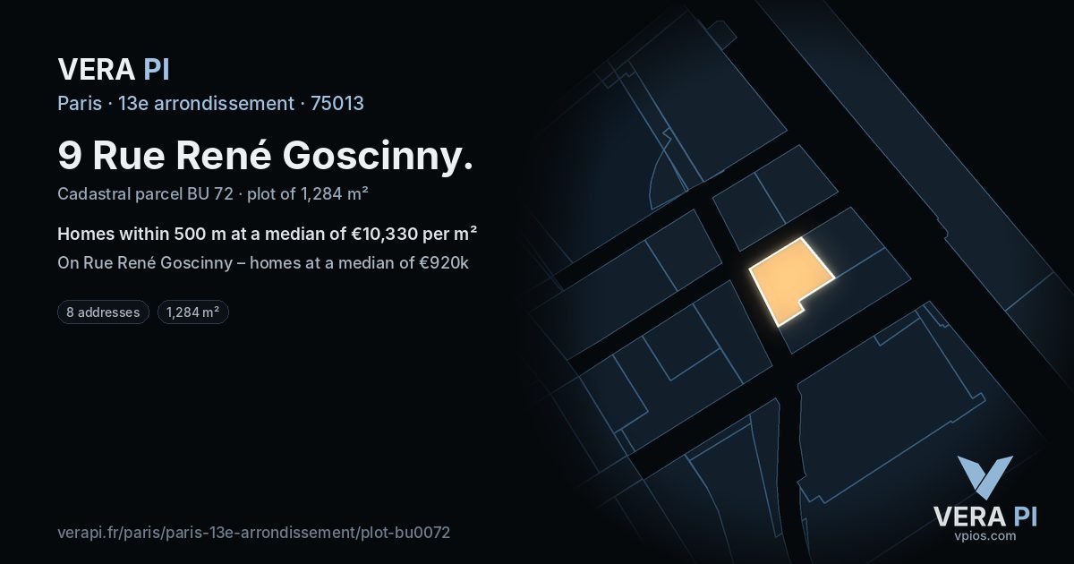 9 Rue René Goscinny, 13e arrondissement at night – the plot lit, the parcels around coloured by the prices near them