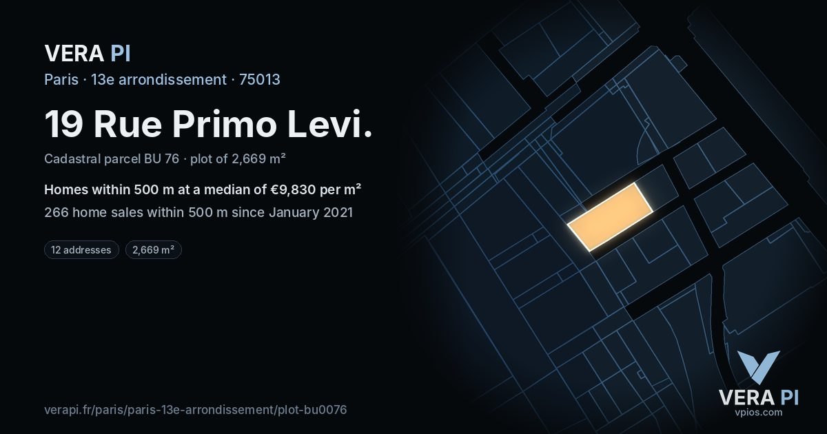 19 Rue Primo Levi, 13e arrondissement at night – the plot lit, the parcels around coloured by the prices near them