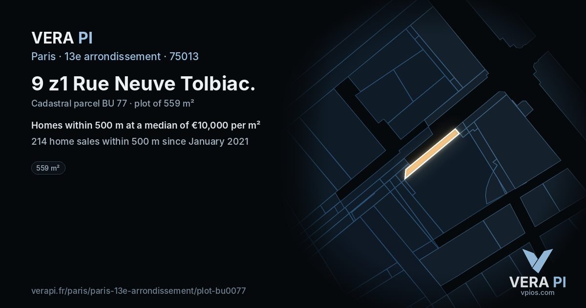 9 z1 Rue Neuve Tolbiac, 13e arrondissement at night – the plot lit, the parcels around coloured by the prices near them