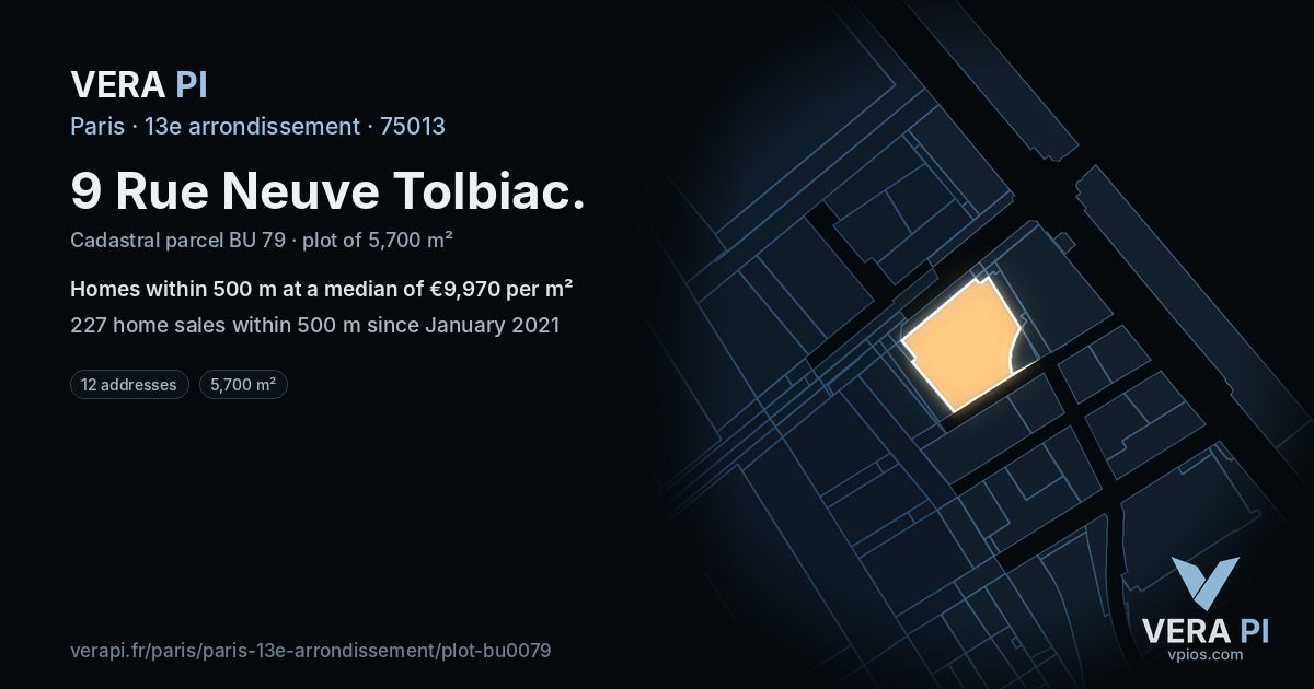 9 Rue Neuve Tolbiac, 13e arrondissement at night – the plot lit, the parcels around coloured by the prices near them