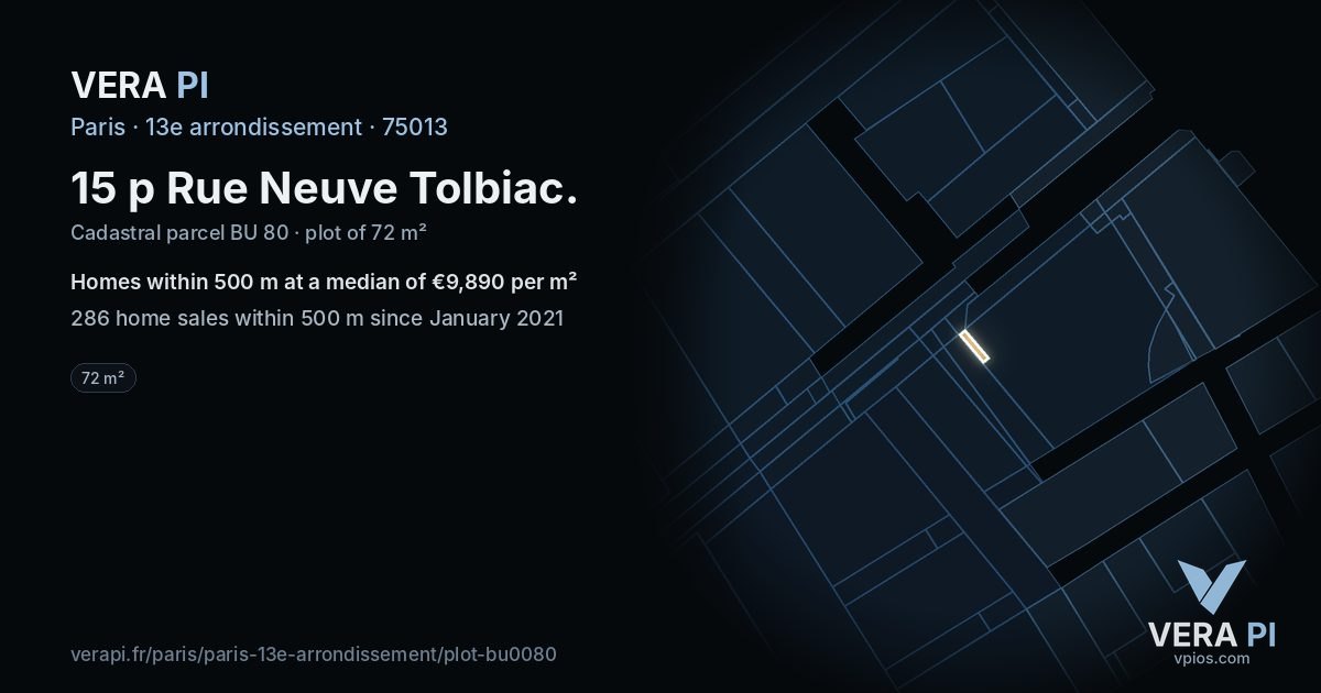 15 p Rue Neuve Tolbiac, 13e arrondissement at night – the plot lit, the parcels around coloured by the prices near them