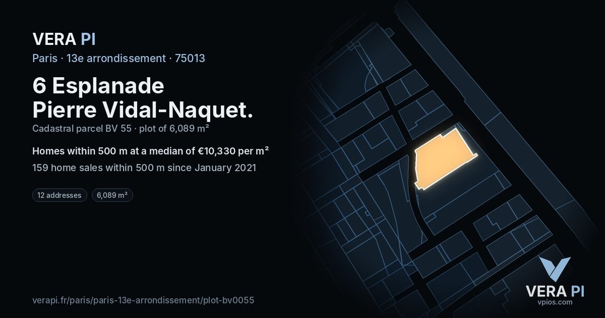 6 Esplanade Pierre Vidal-Naquet, 13e arrondissement at night – the plot lit, the parcels around coloured by the prices near them
