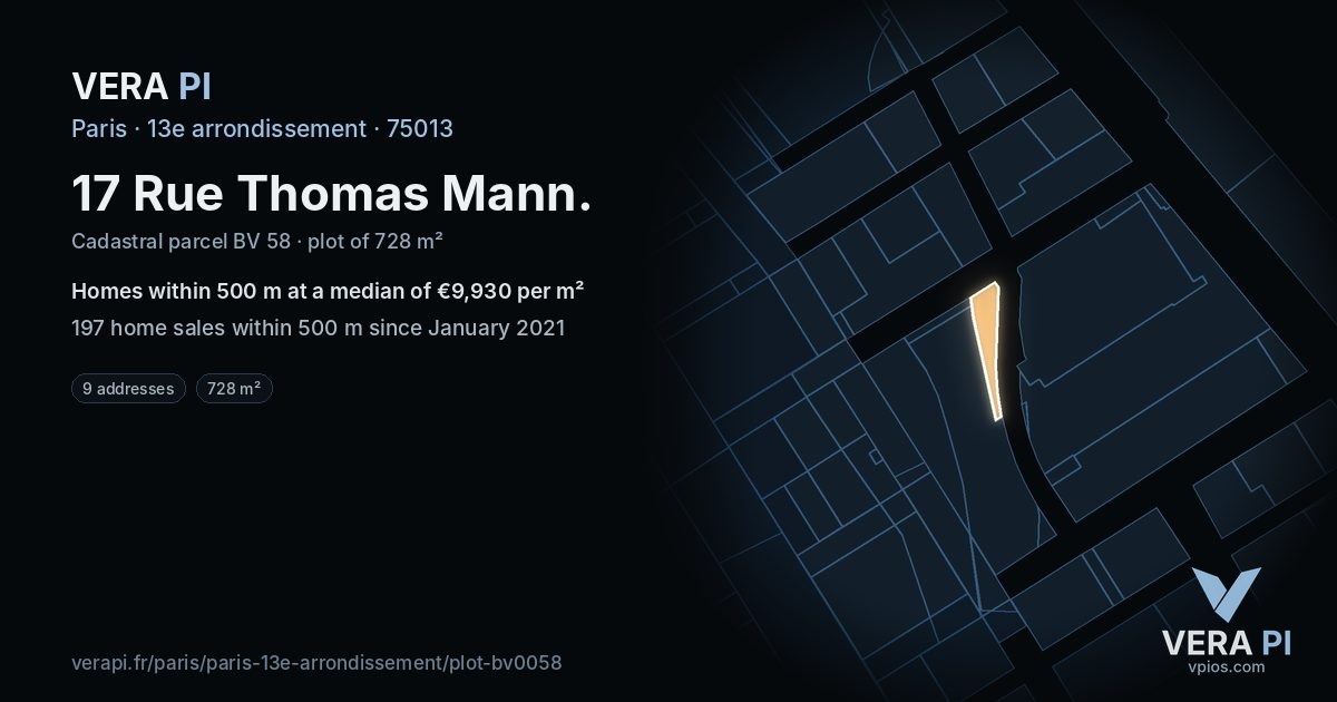 17 Rue Thomas Mann, 13e arrondissement at night – the plot lit, the parcels around coloured by the prices near them