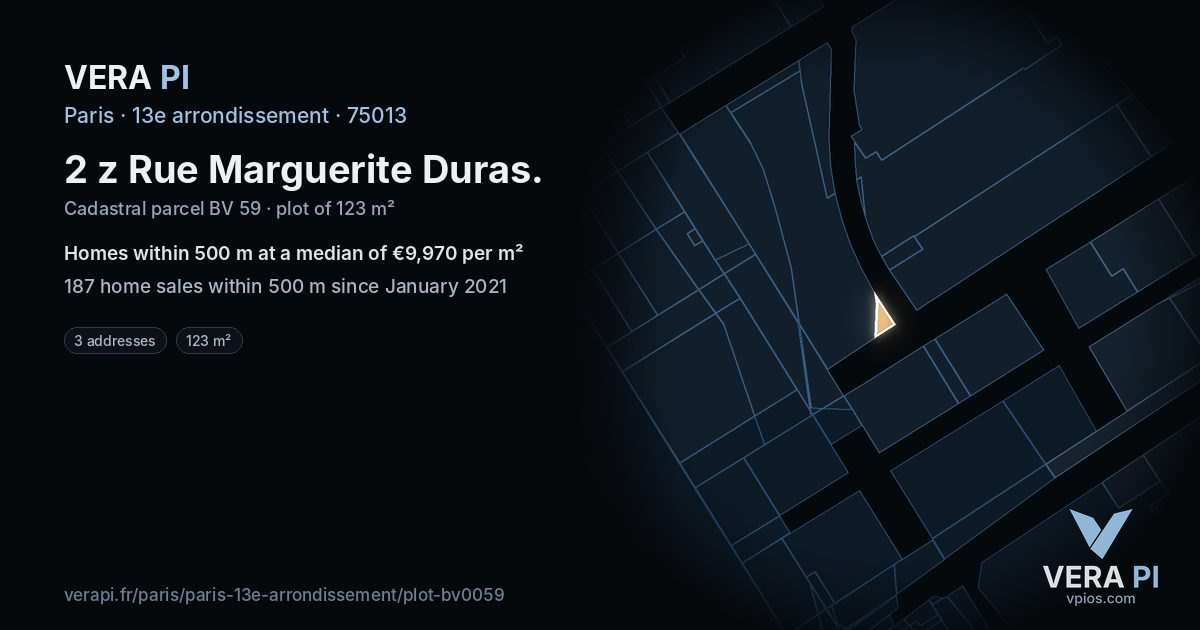 2 z Rue Marguerite Duras, 13e arrondissement at night – the plot lit, the parcels around coloured by the prices near them