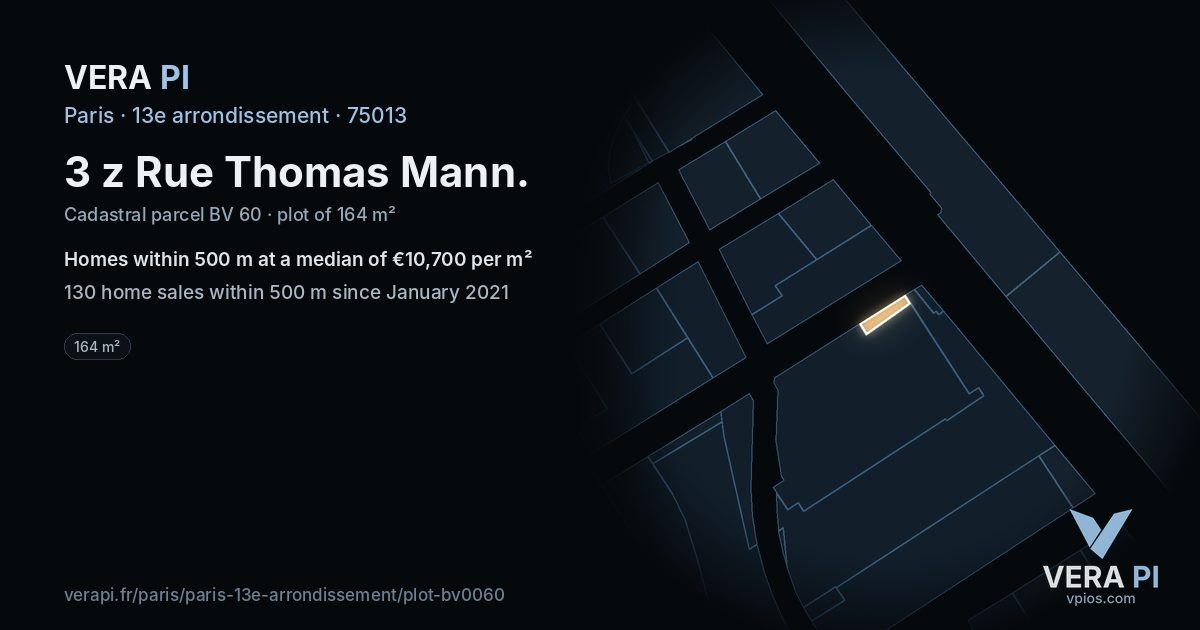 3 z Rue Thomas Mann, 13e arrondissement at night – the plot lit, the parcels around coloured by the prices near them