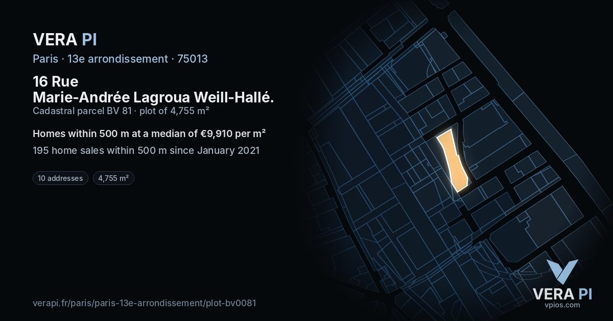 16 Rue Marie-Andrée Lagroua Weill-Hallé, 13e arrondissement at night – the plot lit, the parcels around coloured by the prices near them