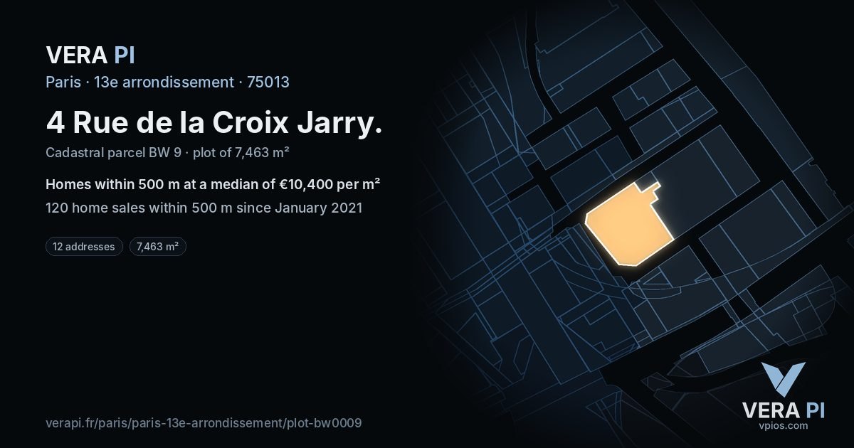 4 Rue de la Croix Jarry, 13e arrondissement at night – the plot lit, the parcels around coloured by the prices near them