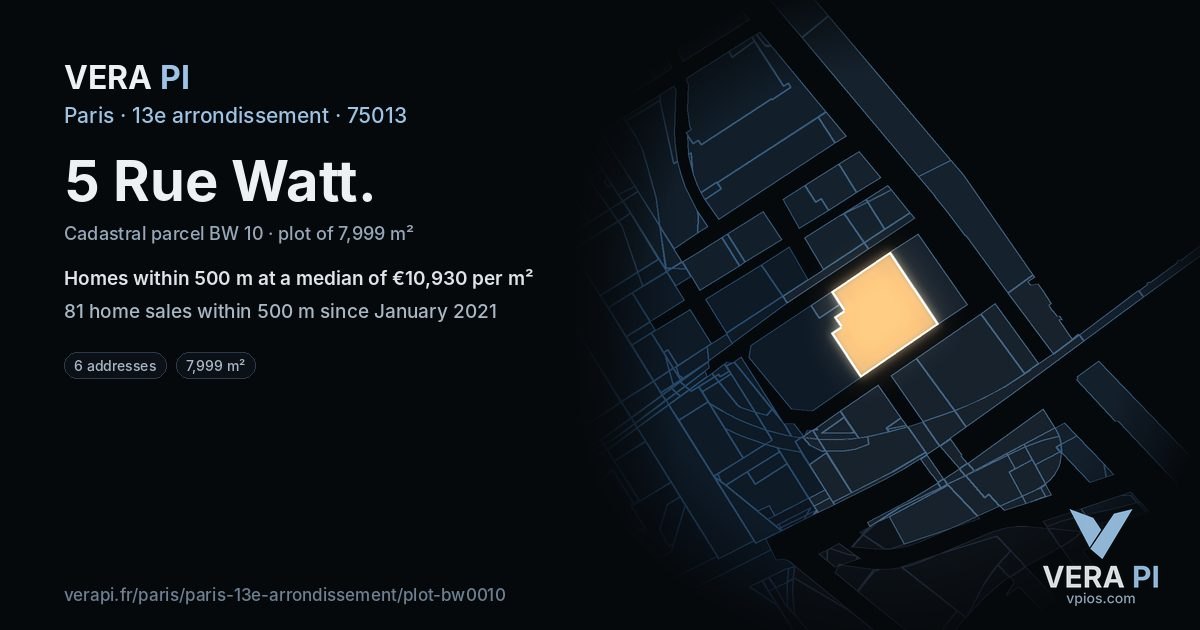 5 Rue Watt, 13e arrondissement at night – the plot lit, the parcels around coloured by the prices near them