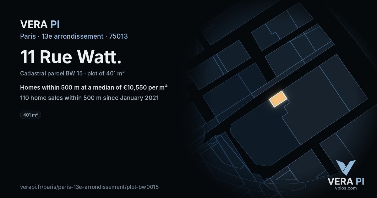11 Rue Watt, 13e arrondissement at night – the plot lit, the parcels around coloured by the prices near them