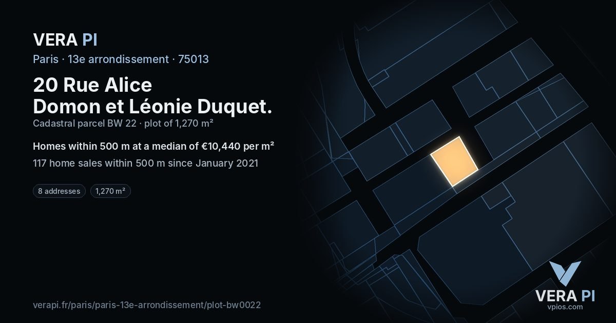 20 Rue Alice Domon et Léonie Duquet, 13e arrondissement at night – the plot lit, the parcels around coloured by the prices near them