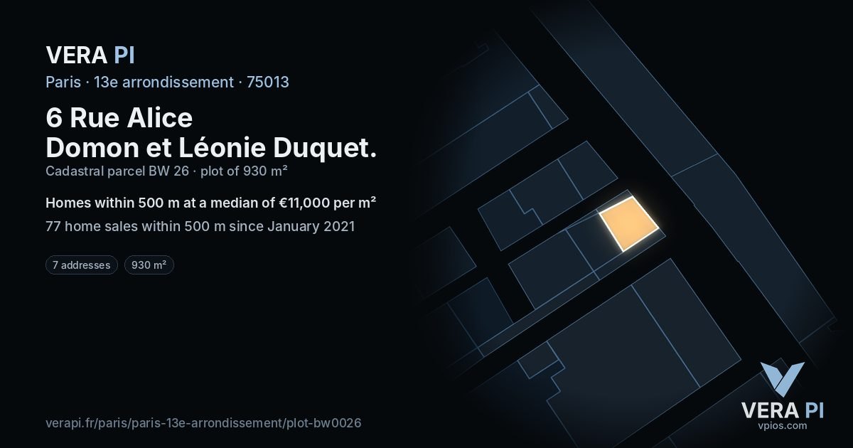 6 Rue Alice Domon et Léonie Duquet, 13e arrondissement at night – the plot lit, the parcels around coloured by the prices near them