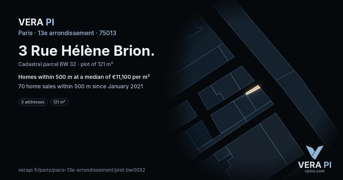 3 Rue Hélène Brion, 13e arrondissement at night – the plot lit, the parcels around coloured by the prices near them