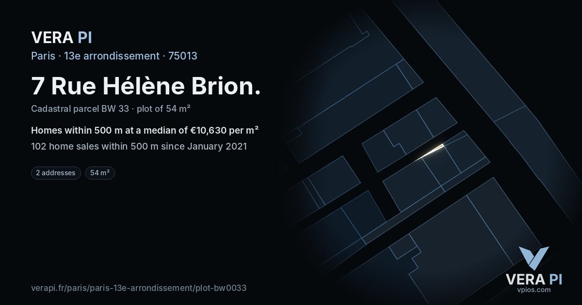 7 Rue Hélène Brion, 13e arrondissement at night – the plot lit, the parcels around coloured by the prices near them