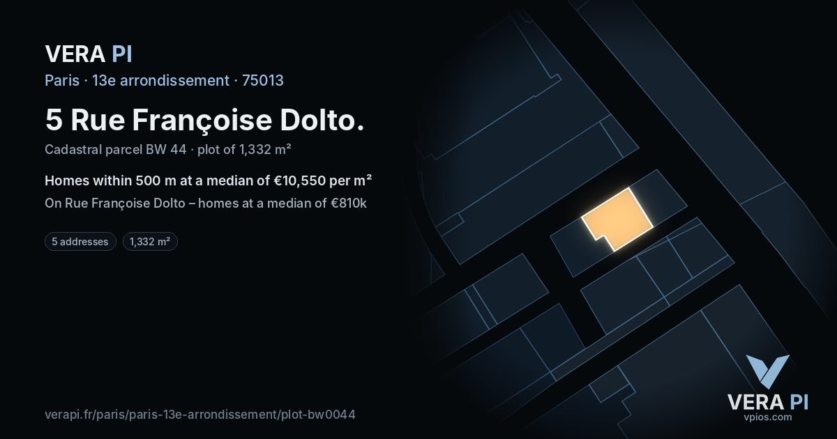 5 Rue Françoise Dolto, 13e arrondissement at night – the plot lit, the parcels around coloured by the prices near them