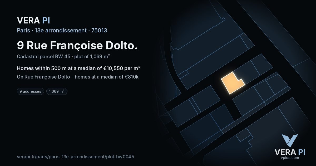9 Rue Françoise Dolto, 13e arrondissement at night – the plot lit, the parcels around coloured by the prices near them