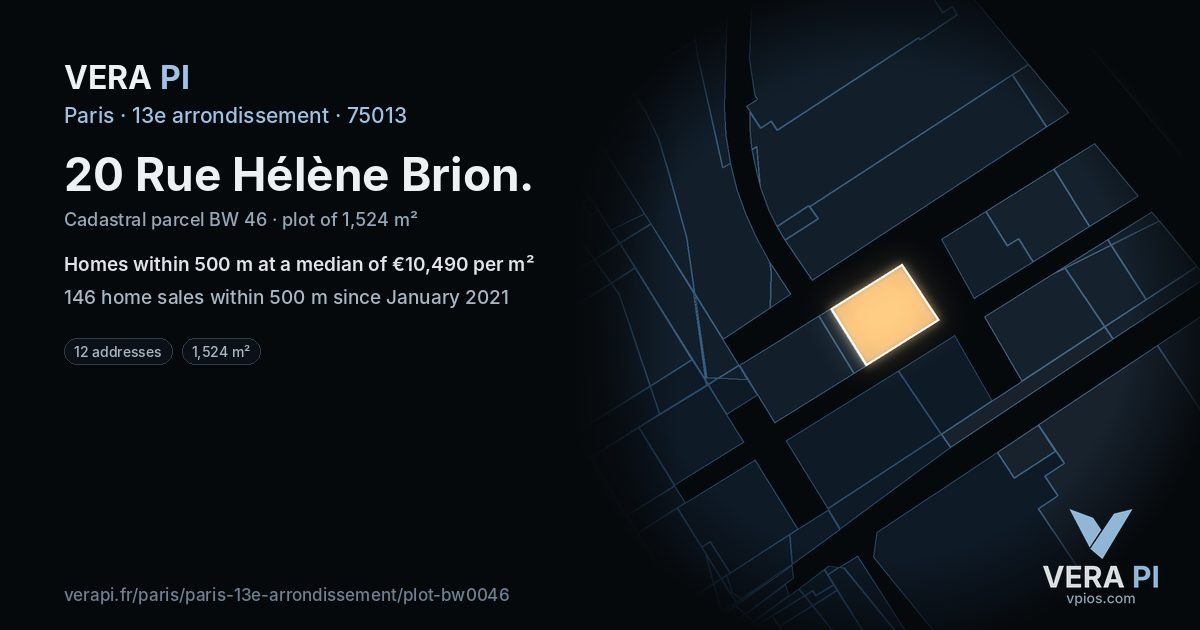 20 Rue Hélène Brion, 13e arrondissement at night – the plot lit, the parcels around coloured by the prices near them
