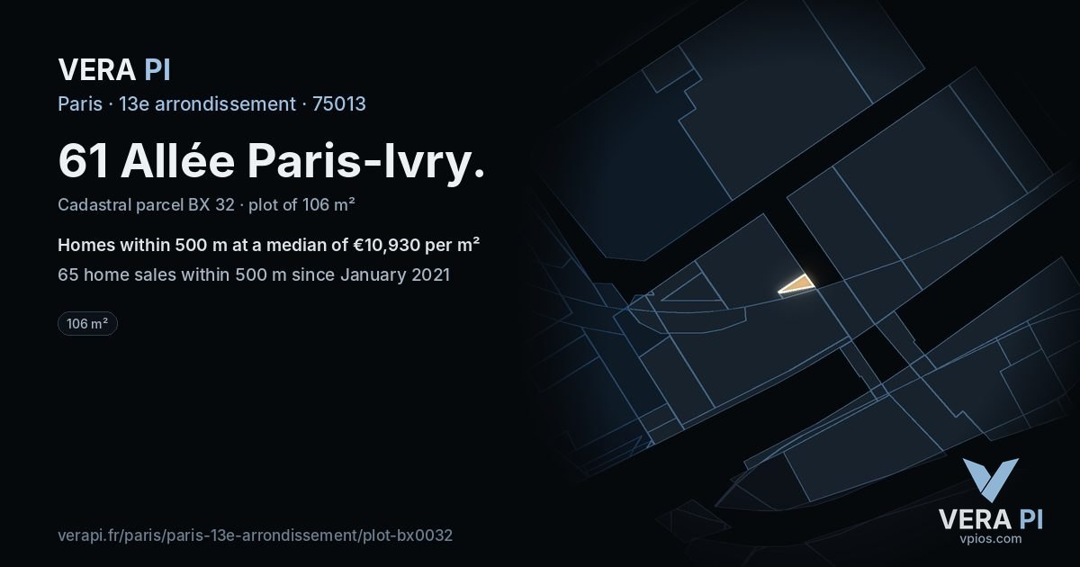 61 Allée Paris-Ivry, 13e arrondissement at night – the plot lit, the parcels around coloured by the prices near them