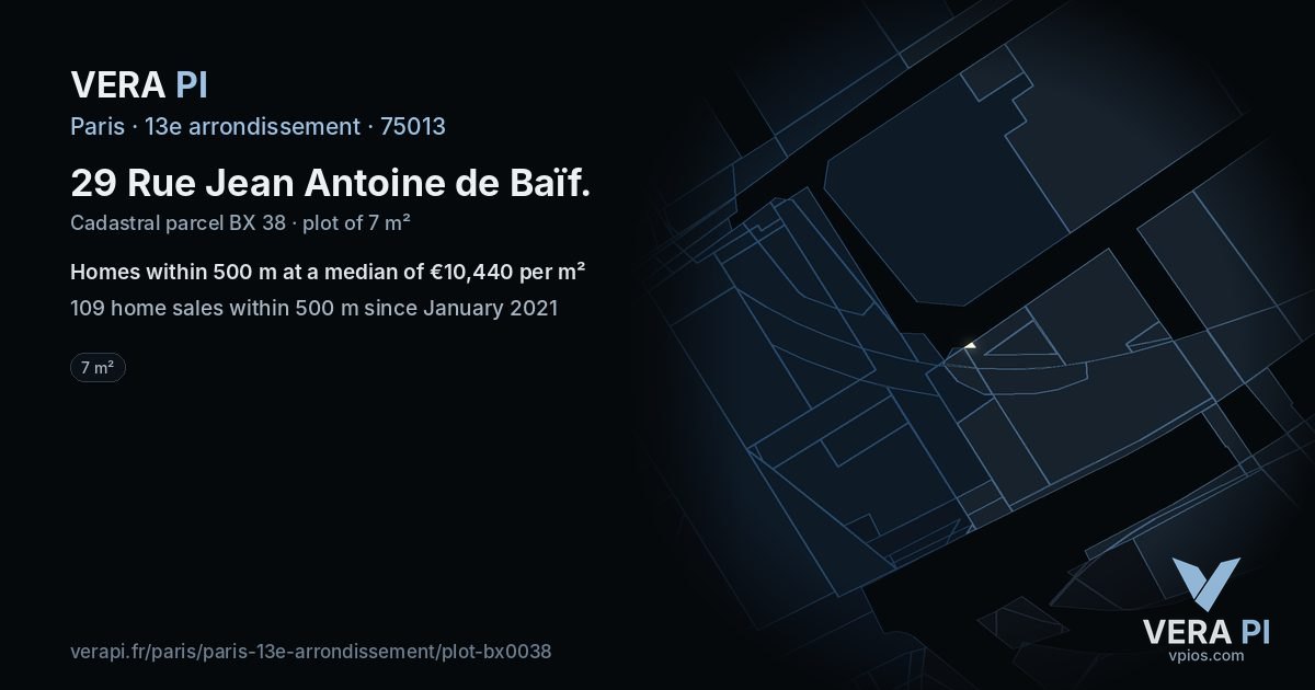 29 Rue Jean Antoine de Baïf, 13e arrondissement at night – the plot lit, the parcels around coloured by the prices near them