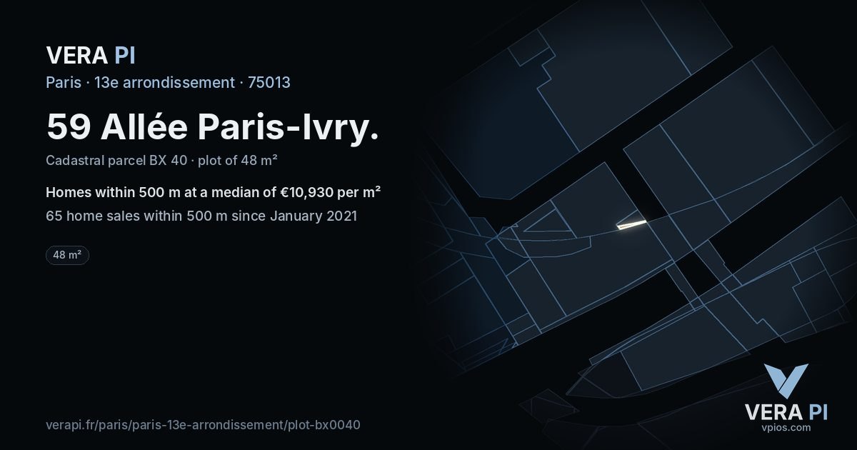 59 Allée Paris-Ivry, 13e arrondissement at night – the plot lit, the parcels around coloured by the prices near them