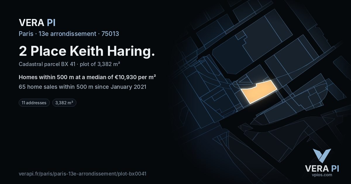 2 Place Keith Haring, 13e arrondissement at night – the plot lit, the parcels around coloured by the prices near them