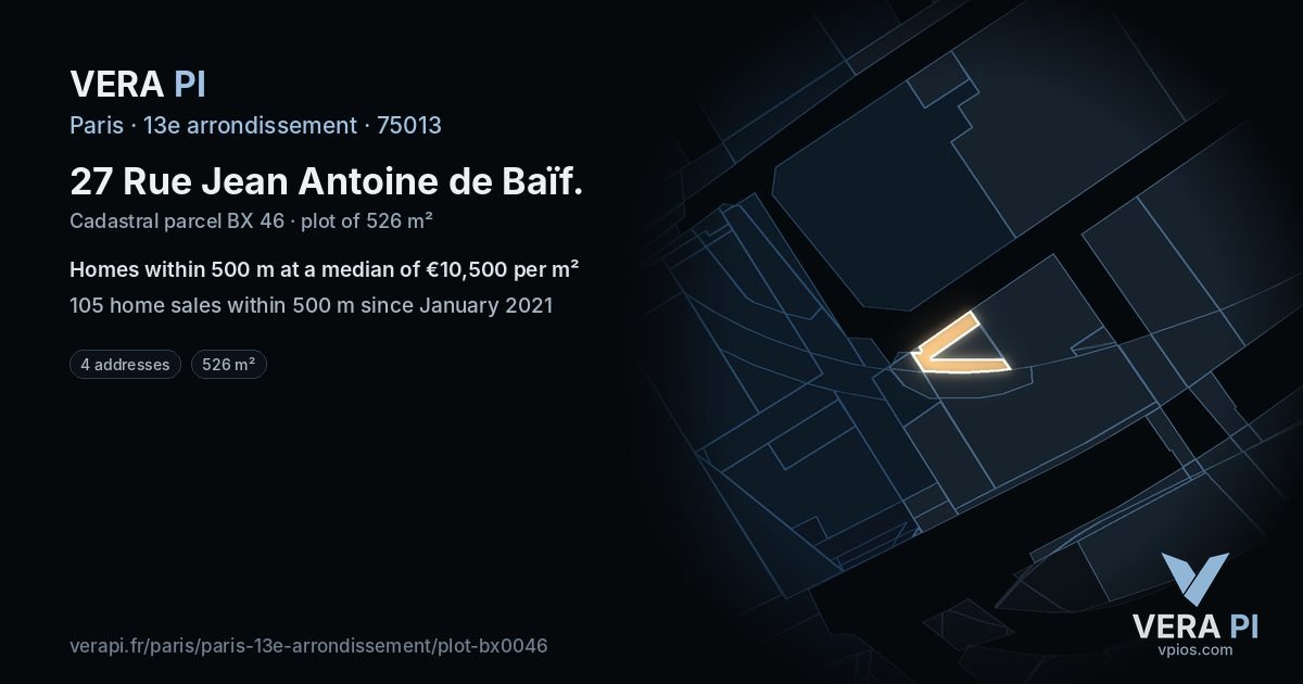 27 Rue Jean Antoine de Baïf, 13e arrondissement at night – the plot lit, the parcels around coloured by the prices near them