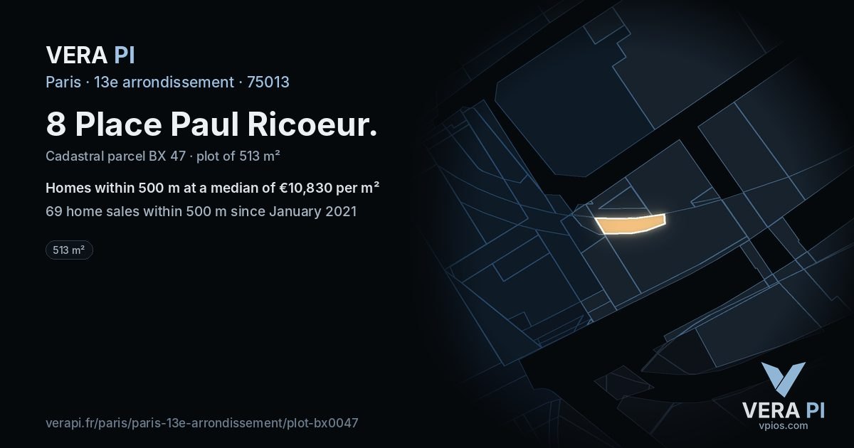 8 Place Paul Ricoeur, 13e arrondissement at night – the plot lit, the parcels around coloured by the prices near them