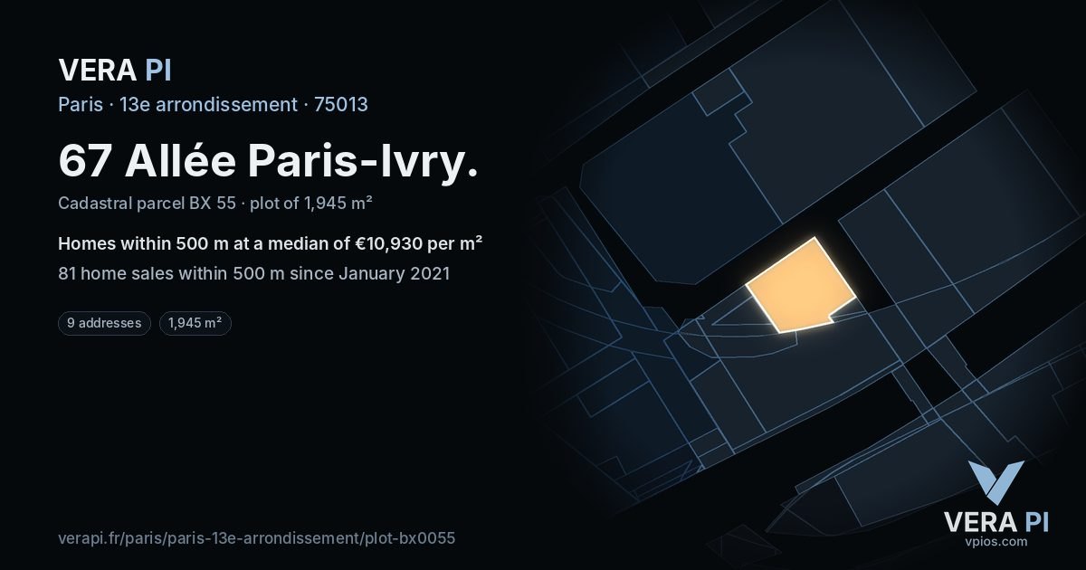 67 Allée Paris-Ivry, 13e arrondissement at night – the plot lit, the parcels around coloured by the prices near them