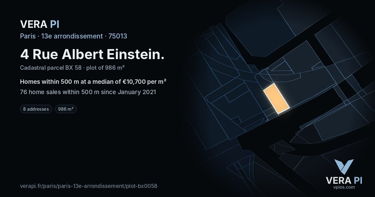 4 Rue Albert Einstein, 13e arrondissement at night – the plot lit, the parcels around coloured by the prices near them