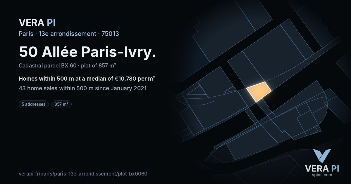 50 Allée Paris-Ivry, 13e arrondissement at night – the plot lit, the parcels around coloured by the prices near them