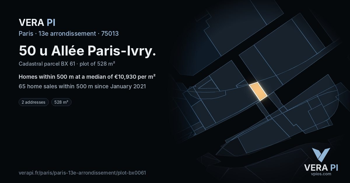 50 u Allée Paris-Ivry, 13e arrondissement at night – the plot lit, the parcels around coloured by the prices near them