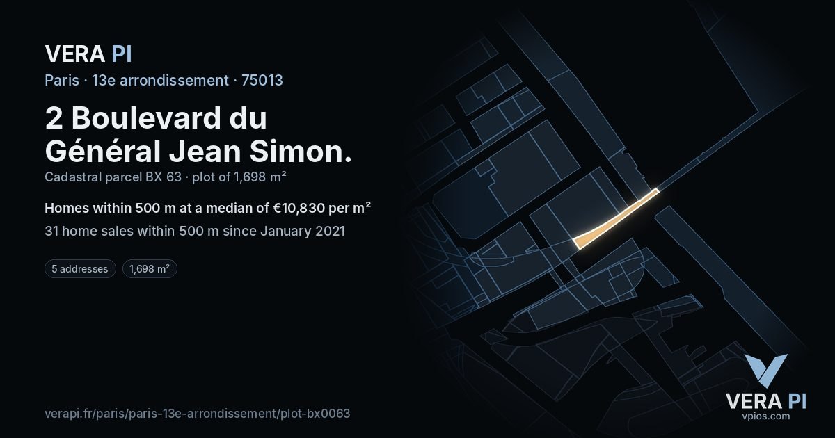 2 Boulevard du Général Jean Simon, 13e arrondissement at night – the plot lit, the parcels around coloured by the prices near them