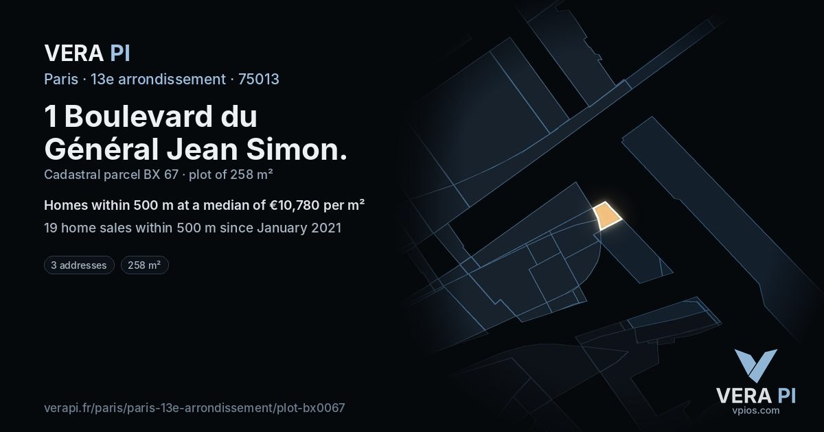 1 Boulevard du Général Jean Simon, 13e arrondissement at night – the plot lit, the parcels around coloured by the prices near them