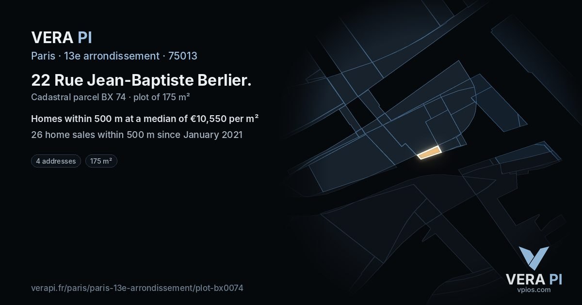 22 Rue Jean-Baptiste Berlier, 13e arrondissement at night – the plot lit, the parcels around coloured by the prices near them